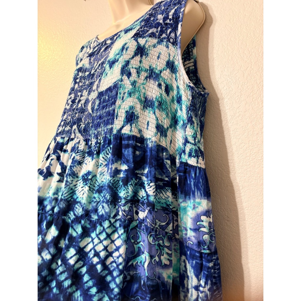 La Cera Blue Patchwork Batik Smocked Tiered Midi Dress Sleeveless Rayon Boho - Picture 4 of 14
